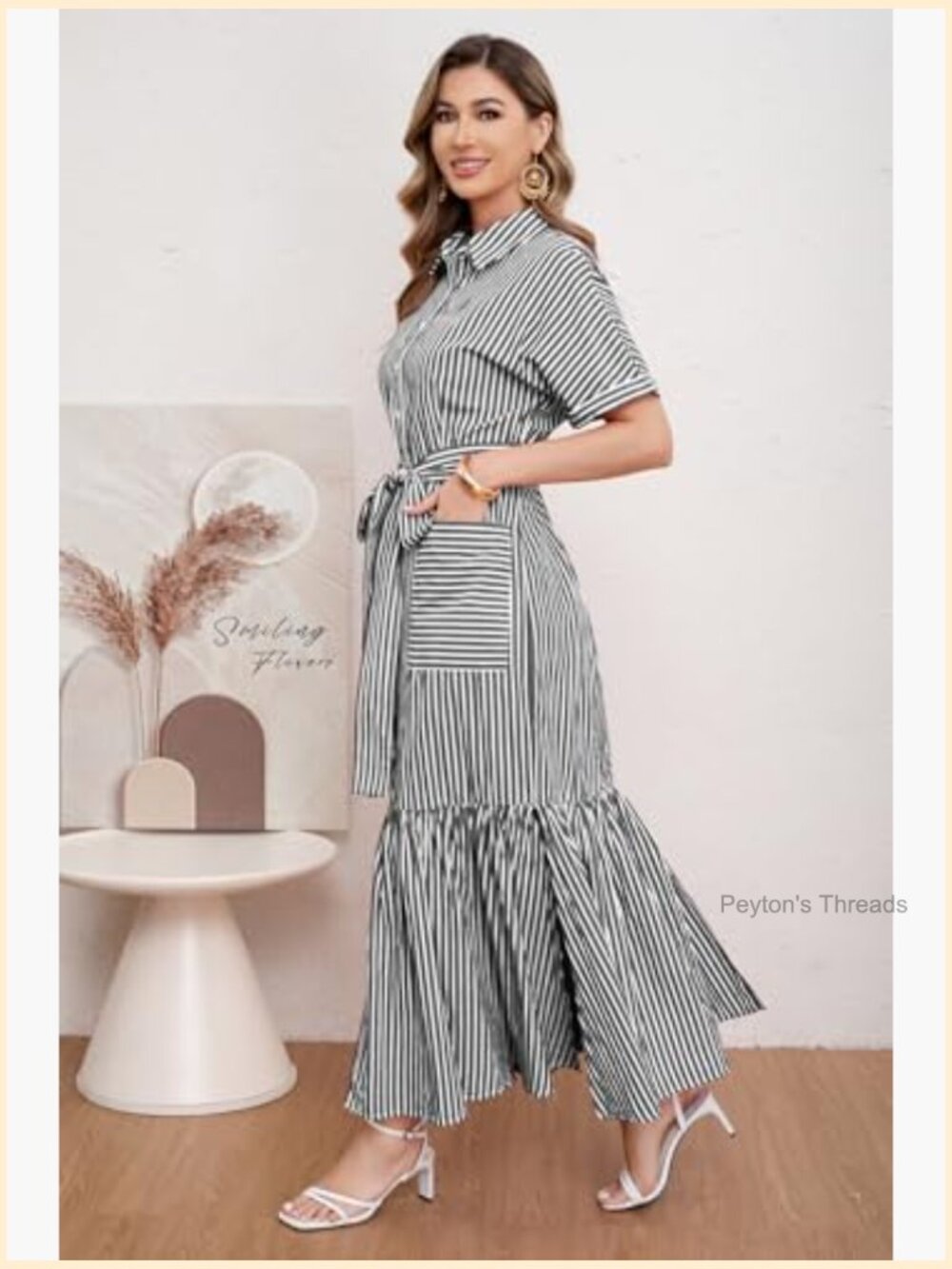 Striped Button Down Maxi Dress with Belt Pockets Short Sleeve A-Line Cotton - Picture 3 of 7